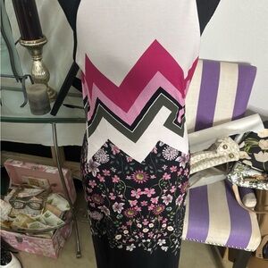 Ted Baker sleeveless  Chevron & Floral Midi Dress in Pink, Black & White